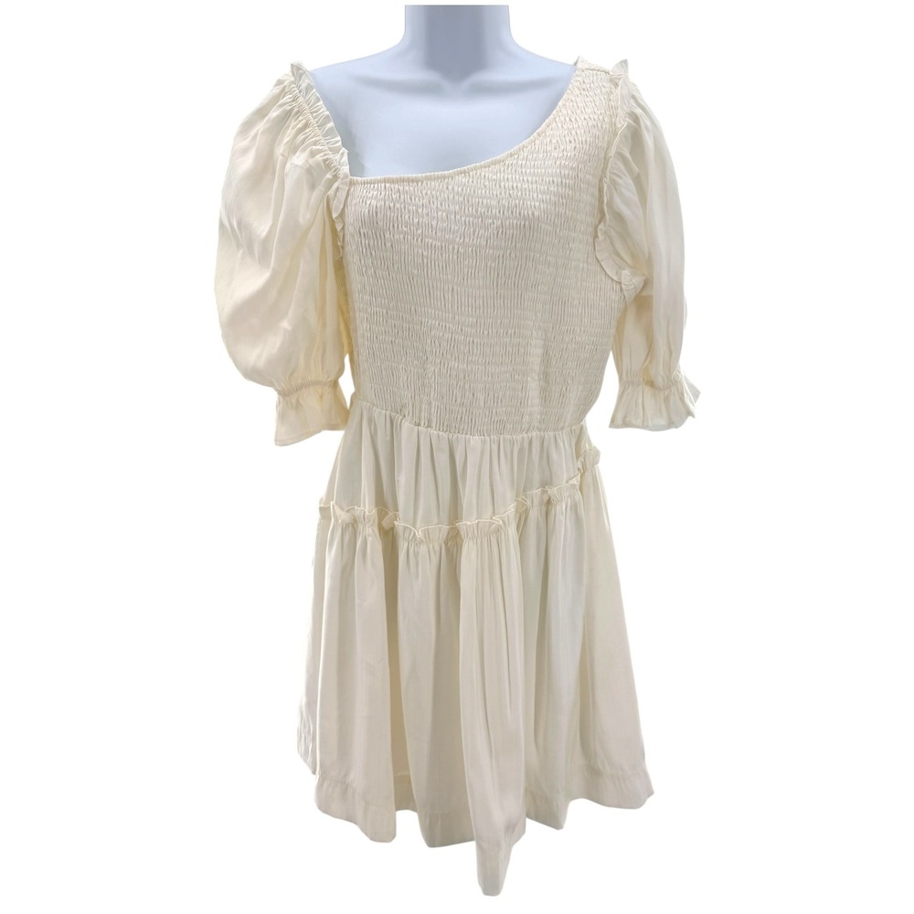 Aureum Smocked Tiered Ruffle Puff Sleeve Mini Dress Ivory Cream L Cottagecore